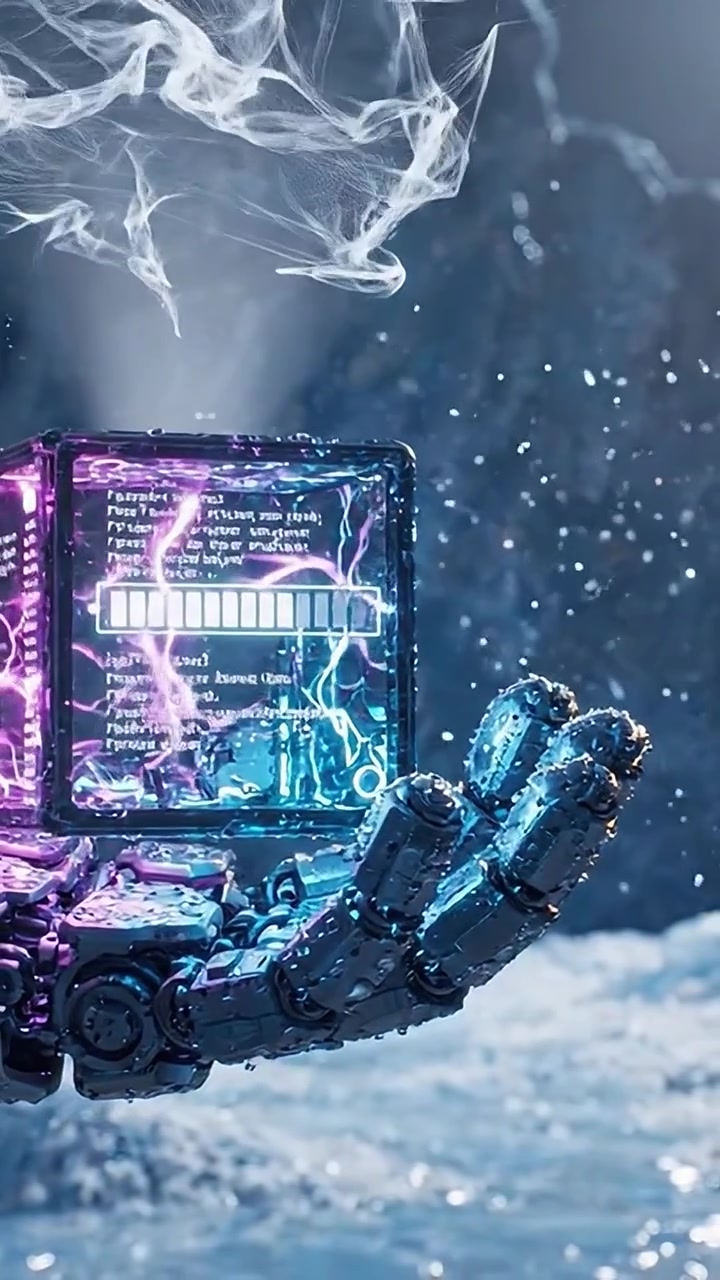 Futuristic Robotic Hand Holding a Glowing Cube with Electric Energy, Set Against a Mystical Water Background, Capturing the Essence of Advanced Technology and Innovation