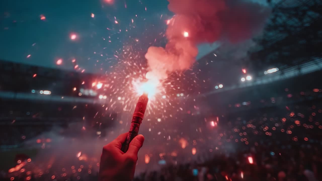 A Vibrant Display of Passion and Energy: Fans Illuminate the Stadium with Flares, Creating a Breathtaking Atmosphere Uniting Thousands in a Shared Celebration