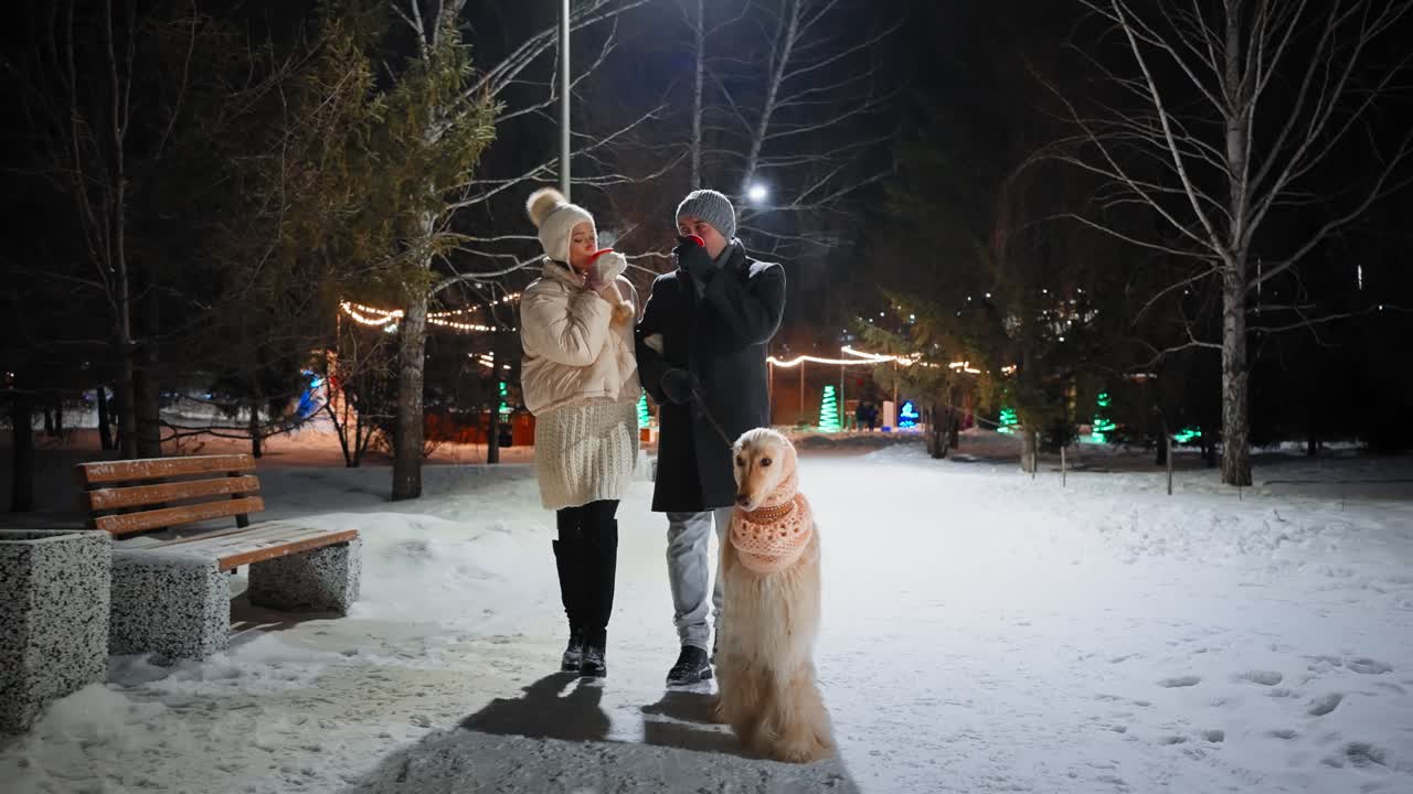 Couple and Dog Enjoying a Winter Night Walk