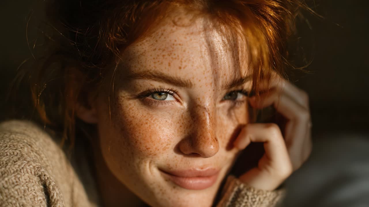 Captivating Portrait of a Freckled Young Woman Bathed in Warm Light, Showcasing Her Radiant Smile and Striking Facial Features in a Natural Setting