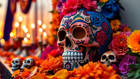 day of the dead decorations with sugar skulls and candles