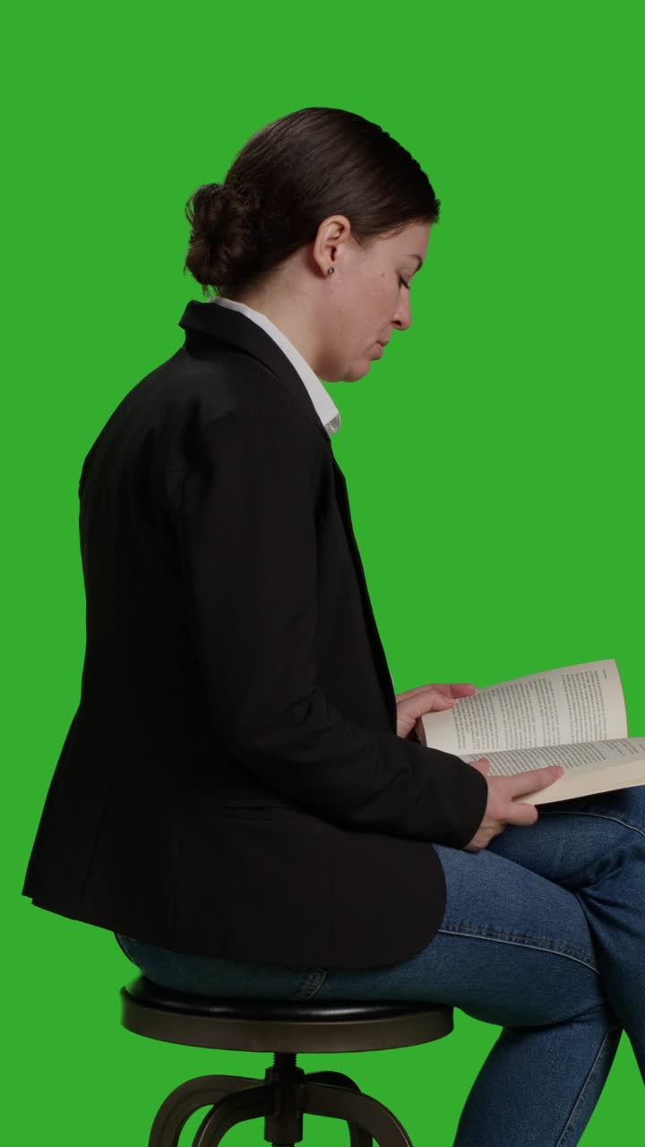 Vertical video: Profile close up of businesswoman reading book and sitting on chair