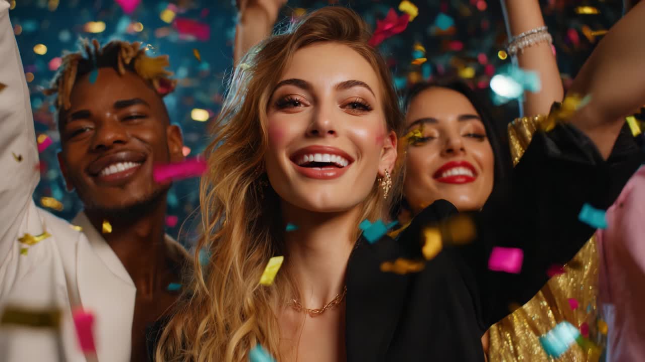 grupo de amigos celebrando con confeti