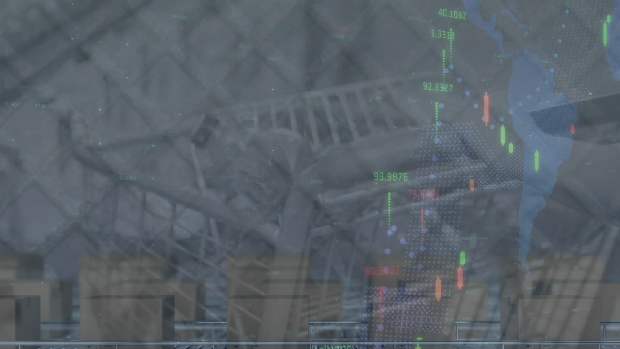 animación de gráficos y datos financieros sobre la mano de un hombre con un carrito de compras