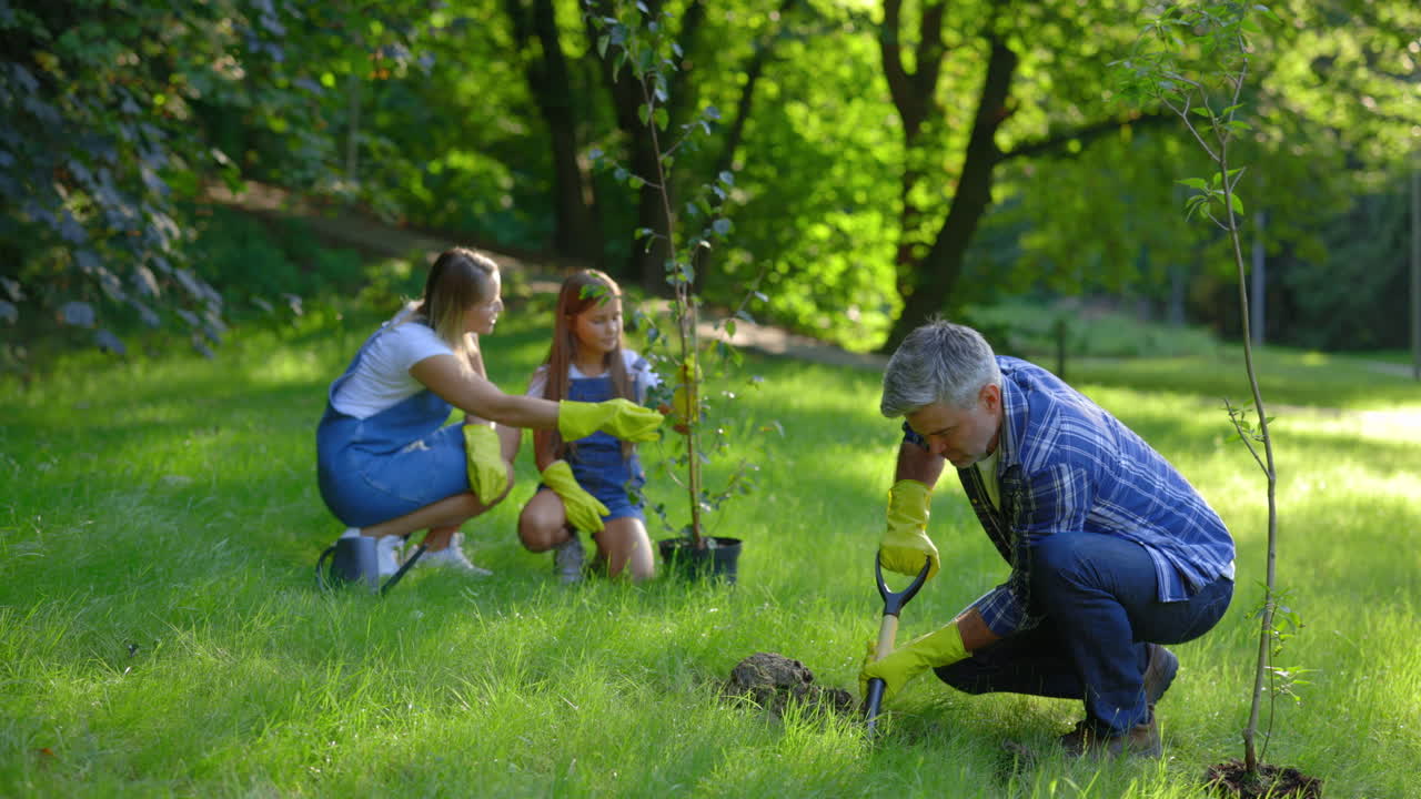 Family Planting Trees in a Park