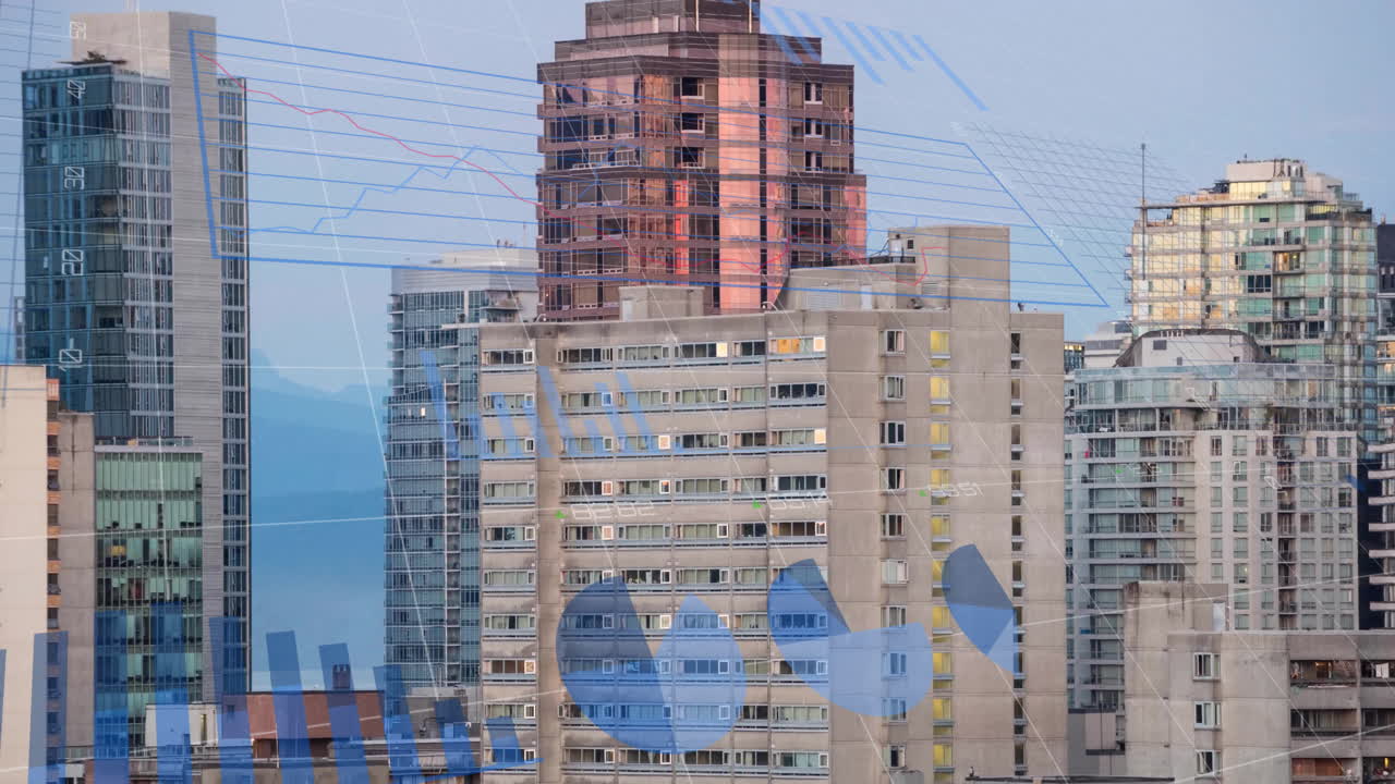 animación de estadísticas y procesamiento de datos financieros sobre el paisaje urbano