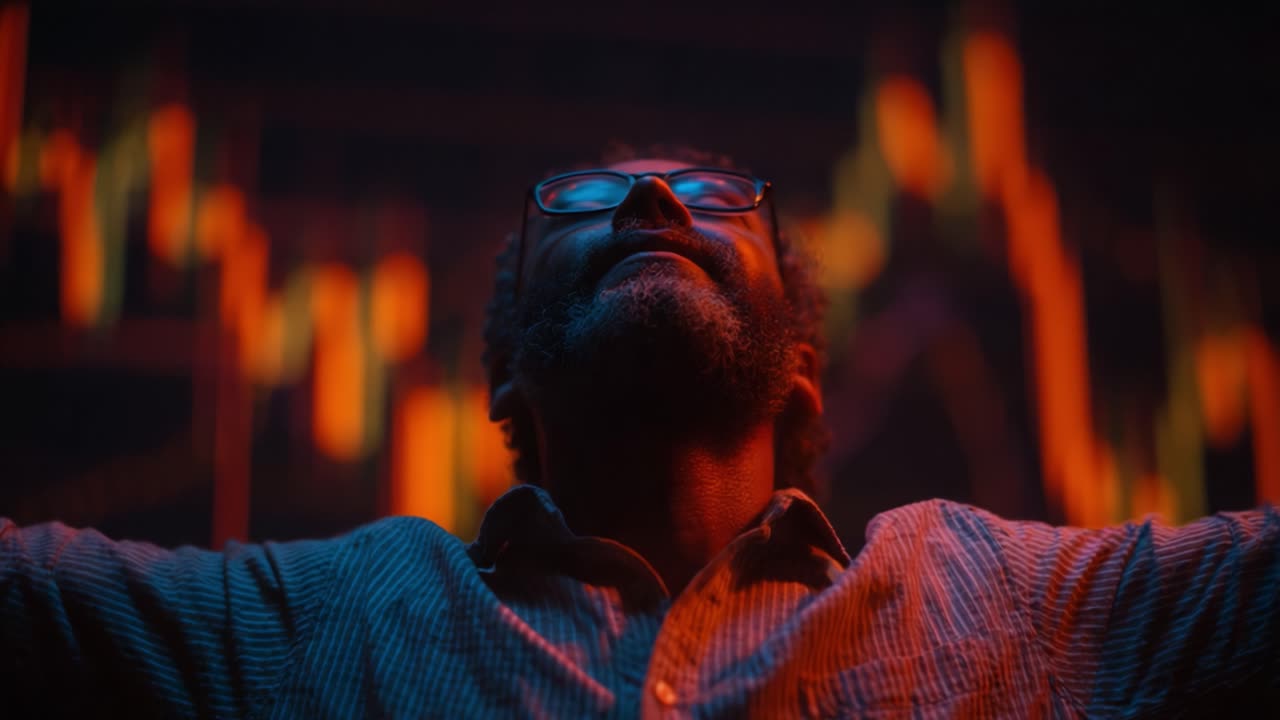 A Man Embracing Success, Surrounded by Vibrant Financial Data Visualizations, Capturing the Essence of Triumph and Analytical Insight in a Dynamic Environment