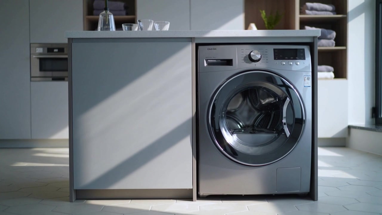 Showing washing machine catching sunlight in kitchen nook, with bottle and cups, towels, copy space