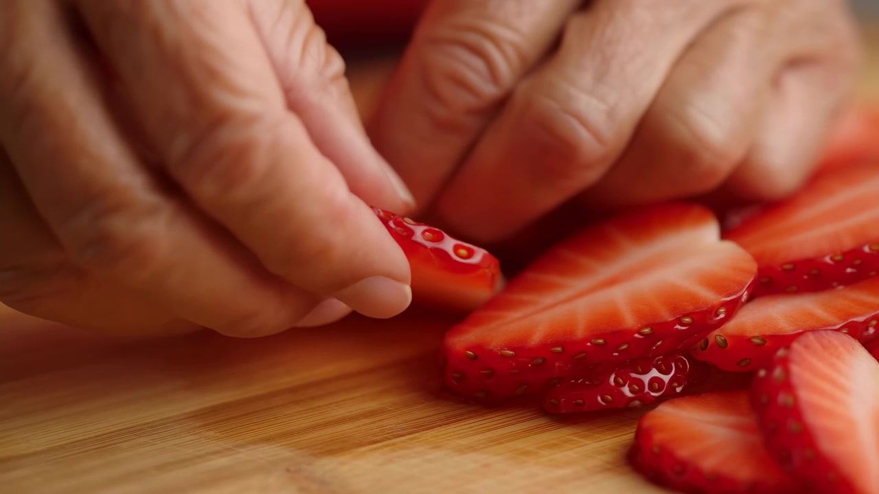 Mãos colocam finas fatias de morango sobre uma tábua de madeira quente, criando camadas organizadas de frutas vermelhas brilhantes com luz natural suave, foco raso e ricos detalhes de preparação de alimentos frescos, com morango