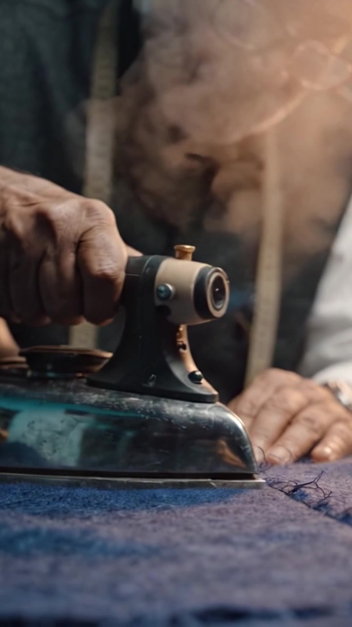 Un sastre dedicado confecciona cuidadosamente una tela elegante usando una plancha vintage, mostrando precisión y pasión en el arte de la sastrería y las técnicas de costura.