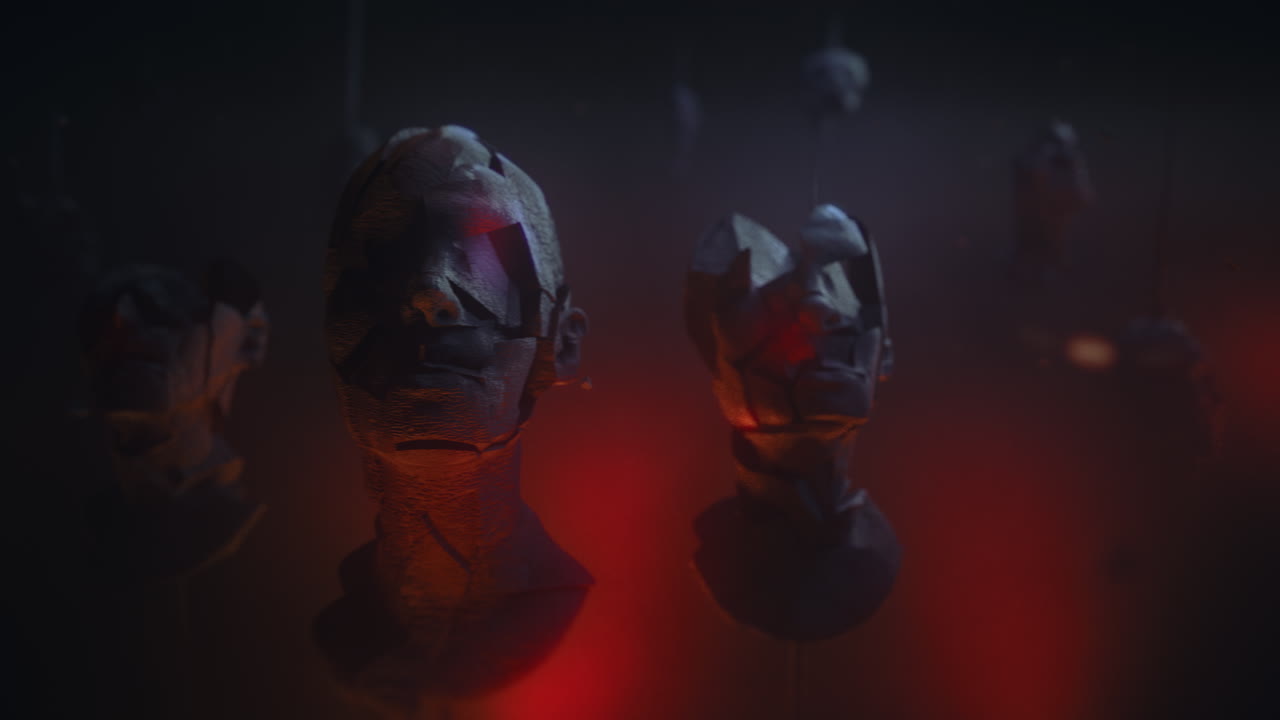 Crushed android heads on spikes in hell