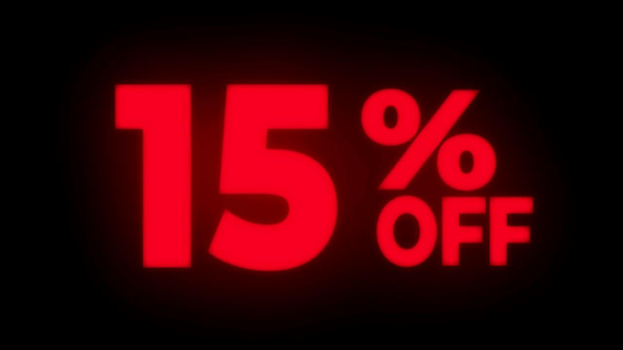 15% Percent Off Text Flickering Display Promotional Loop.