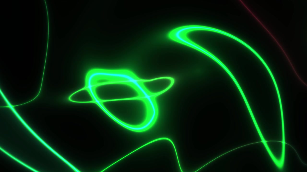 Linee luminose al neon verdi dinamiche in movimento su sfondo scuro
