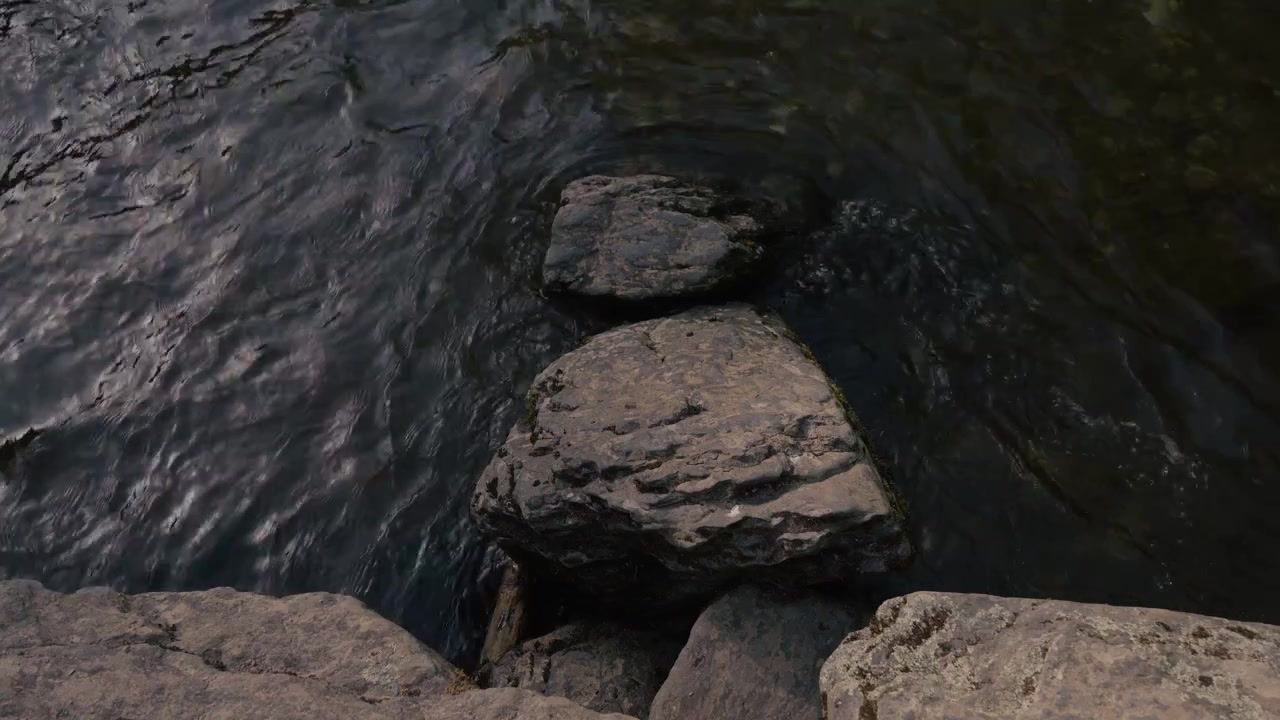 Tarr Steps sotto una luce diurna soffusa, con acqua limpida che scorre dolcemente sotto le lastre di pietra. La vegetazione circostante e le texture naturali creano una scena rilassante e visivamente accattivante