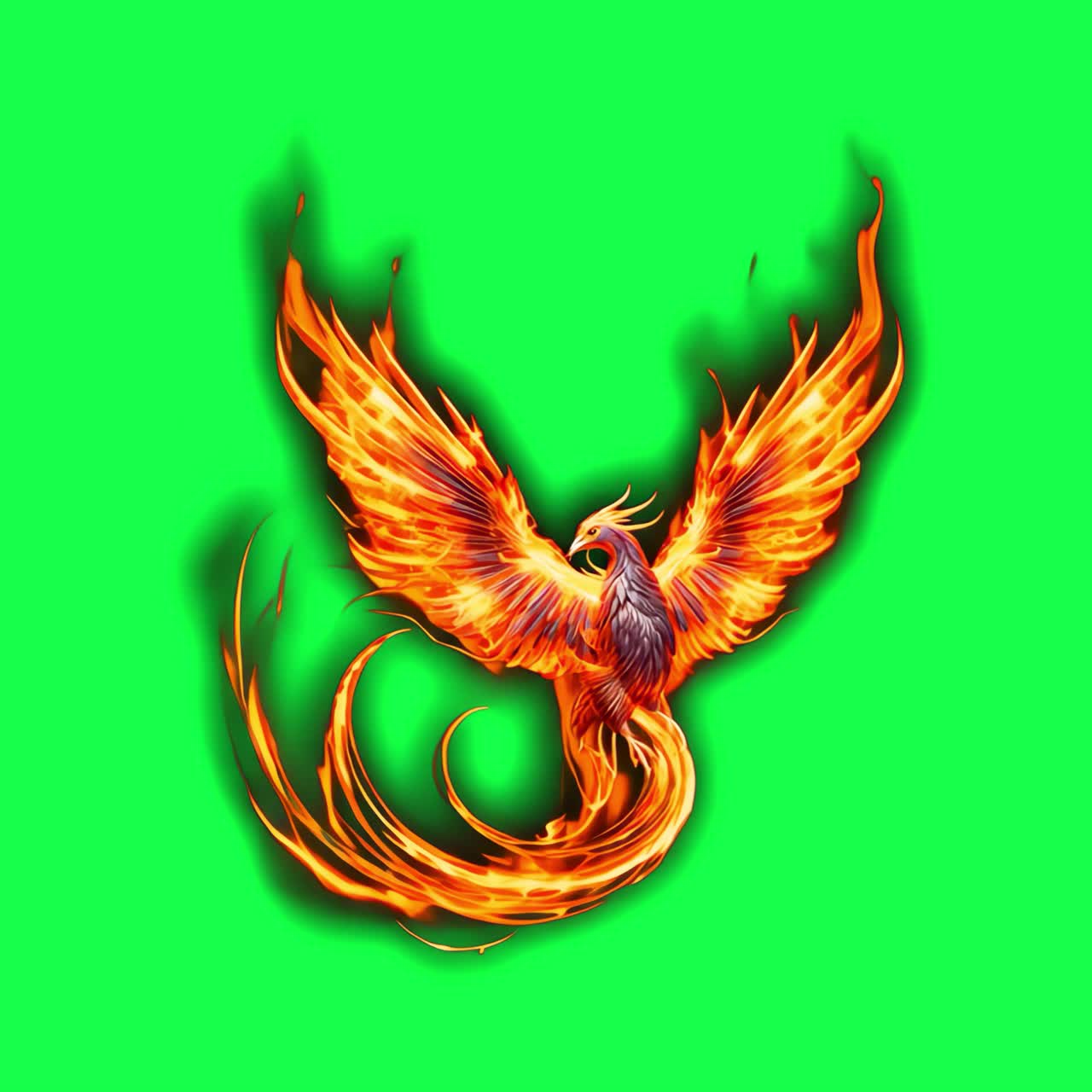 Fiery phoenix animation, transparent 4K video, green screen