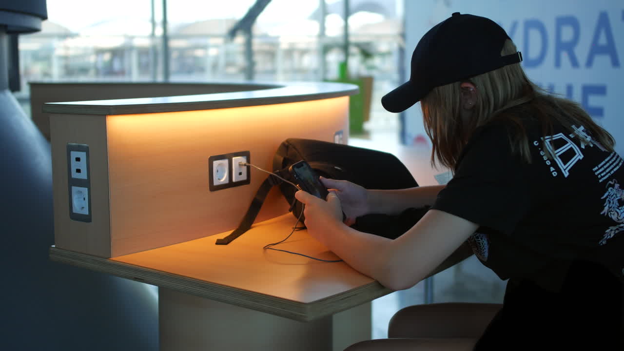 A teenage girl using a phone at a charging station at an airport