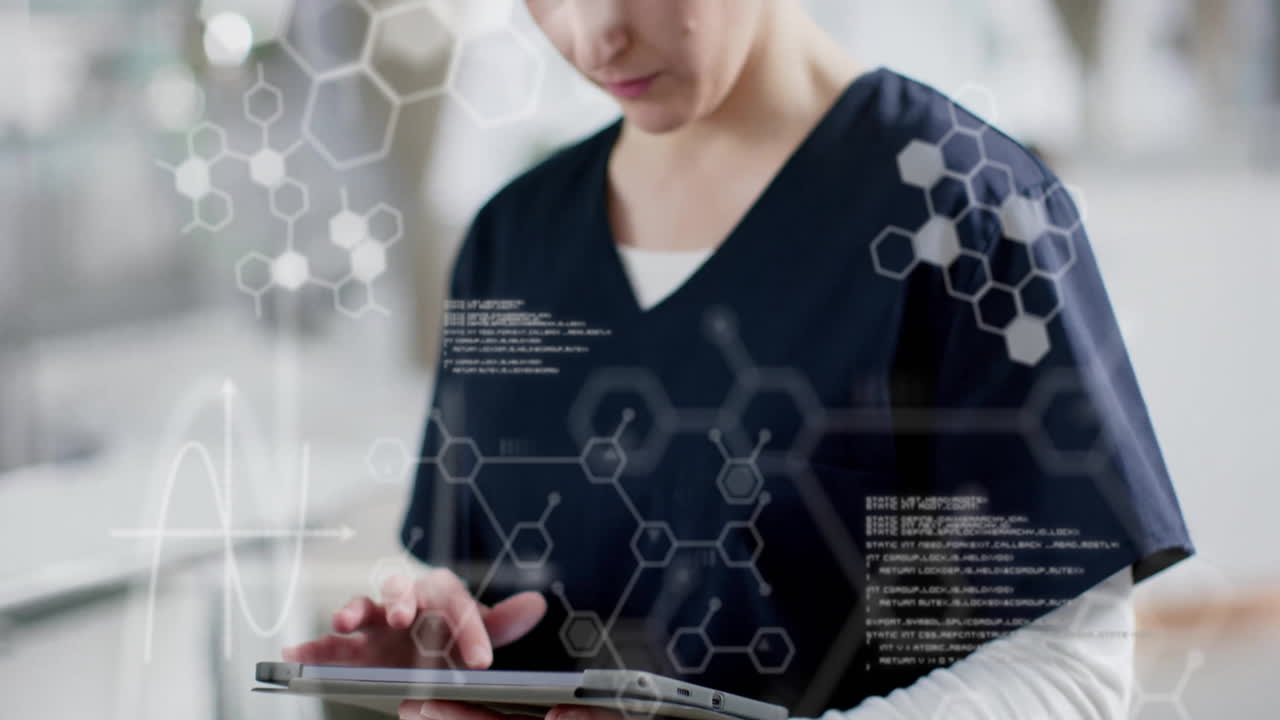 태블릿을 사용하는 백인 여성 간호사에 대한 과학 데이터 처리 애니메이션