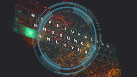 Digital code decryption animation over colorful particles and circular interface