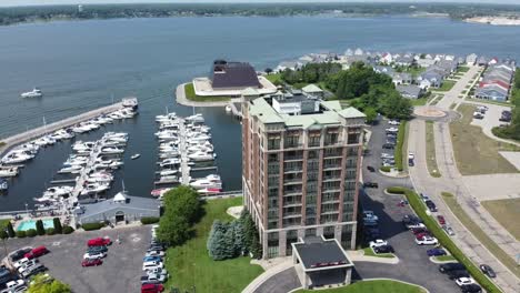 Drone-spans-over-lakefront-city