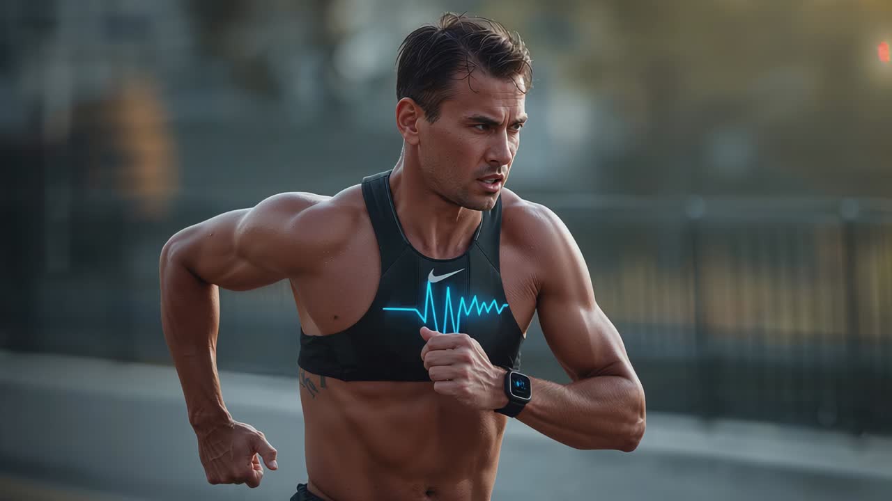 Corridore sprint uomo con fascia toracica ECG al neon e smartwatch sul lungofiume, allenamento