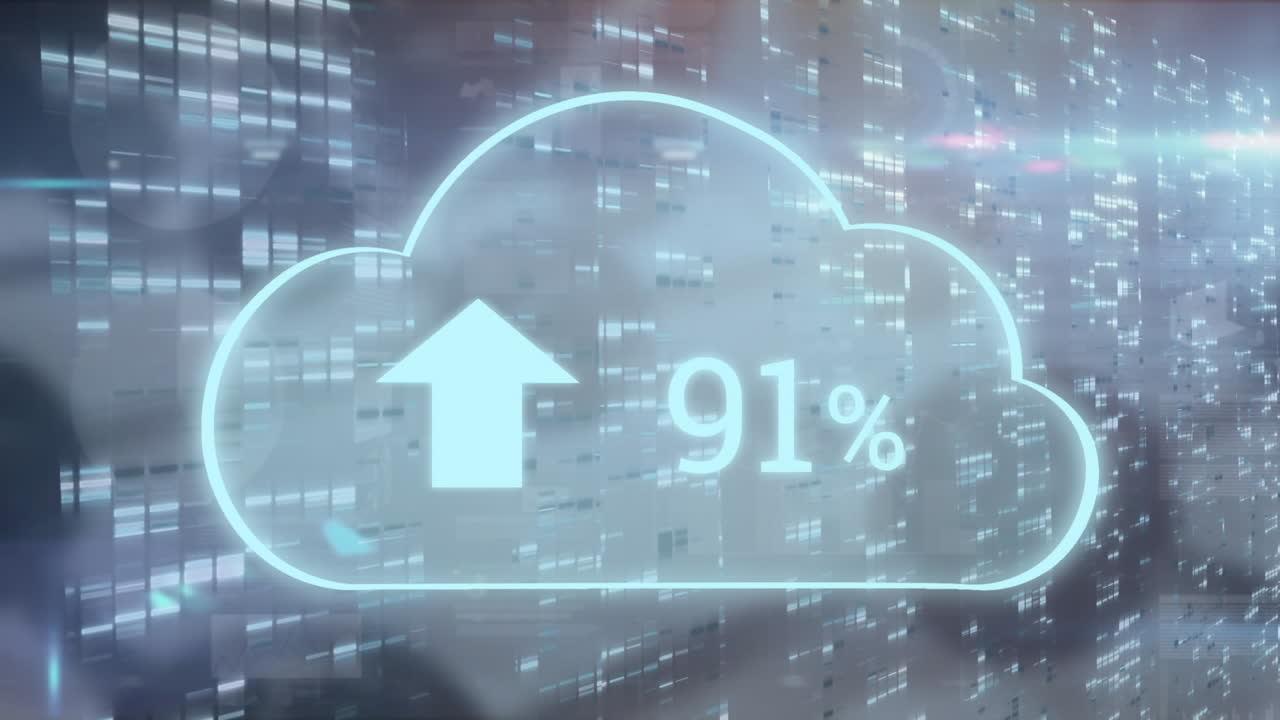 animación de carga de icono de flecha con porcentaje creciente en icono de nube y cuadrados de mosaico.