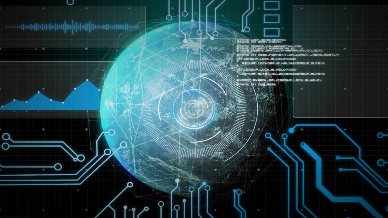 Circuit traces extending from top starting data, stylized Earth rotating, HUD showing telemetry