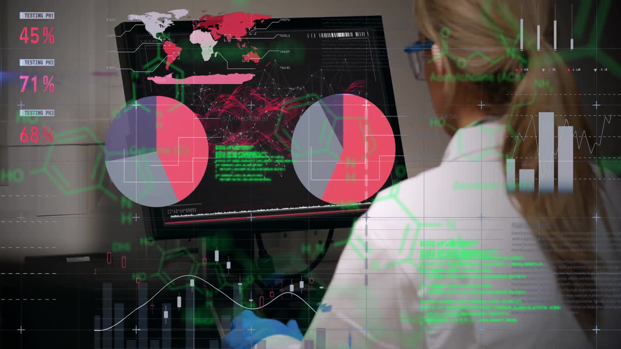 Animation of scientific data processing over caucasian female scientist in laboratory