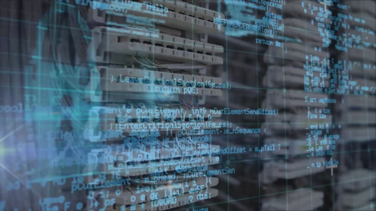 Animation of digital interface and data processing over server room