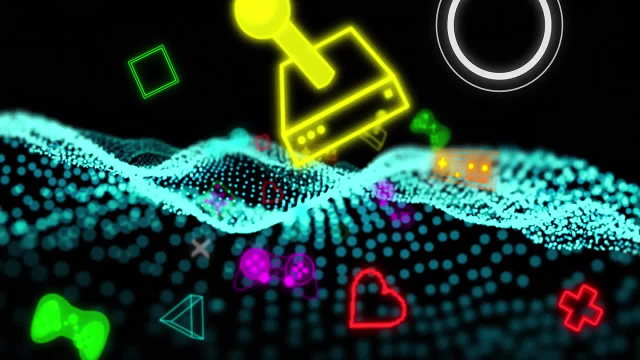 Animation of colourful game and media icons with landscape of glowing blue particles on black