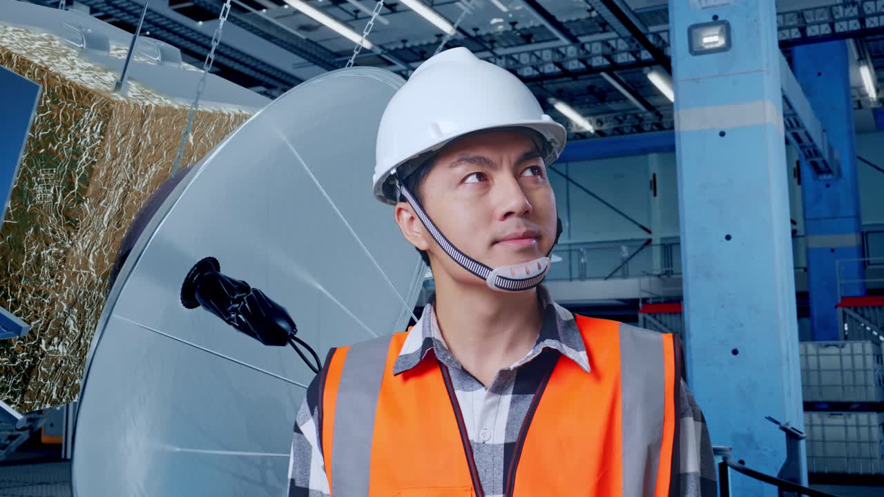 공장에서 위성 접시를 검사하는 엔지니어