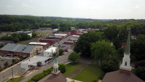 Aerial-of-Elkin-North-Carolina-with-church-steeples-in-the-foreground