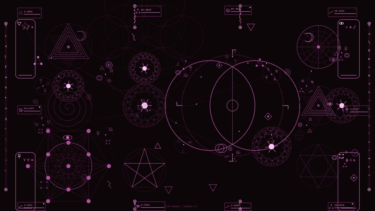 Un'interfaccia digitale complessa caratterizzata da motivi geometrici luminosi rosa e viola, inclusi grafici stellari, glifi circolari e dati di telemetria tecnici. La composizione mostra una sofisticata dashboard