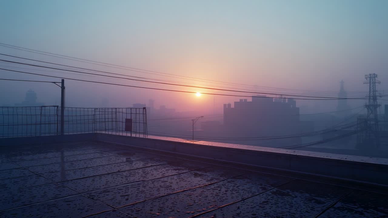 Breaking dawn revealing glowing orb ascending above foggy rooftop with wet concrete and power lines