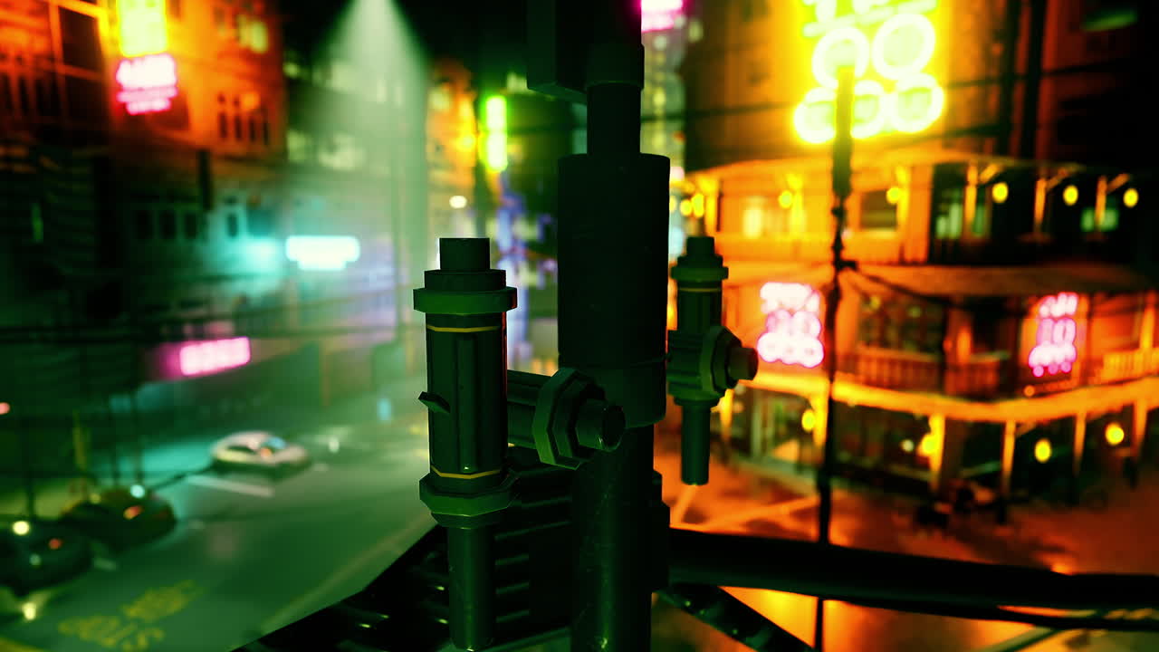 Neon lights illuminate a vibrant urban landscape at night in a lively setting