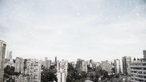 digital composition of snow falling against tall buildings