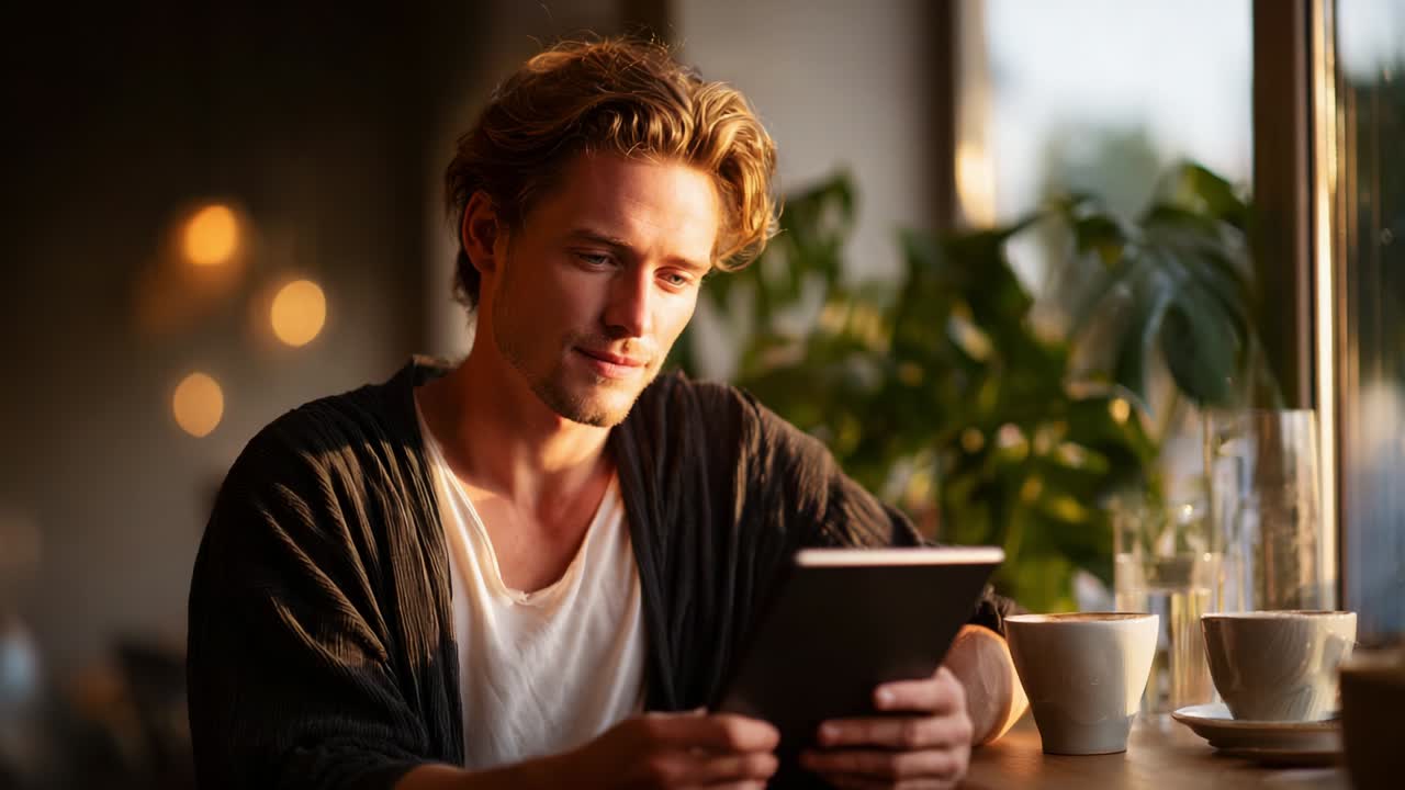 A Thoughtful Moment: A Young Man Engaged in Reading on a Tablet in a Cozy Café Setting, Surrounded by Natural Light and Lush Greenery, with Hot Beverages at Hand to Enhance the Relaxing Atmosphere