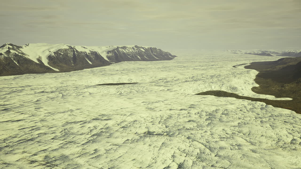 Majestic ice expanse covers mountainous landscape in remote region