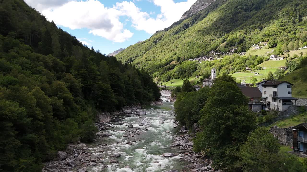 Valle Verzasca river Switzerland aerial drone Swiss highlands nature holiday resort