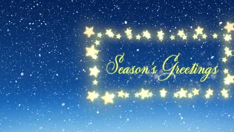 Animation-of-snow-falling-over-seasons-greetings-text-over-fairy-lights-banner-on-blue-background