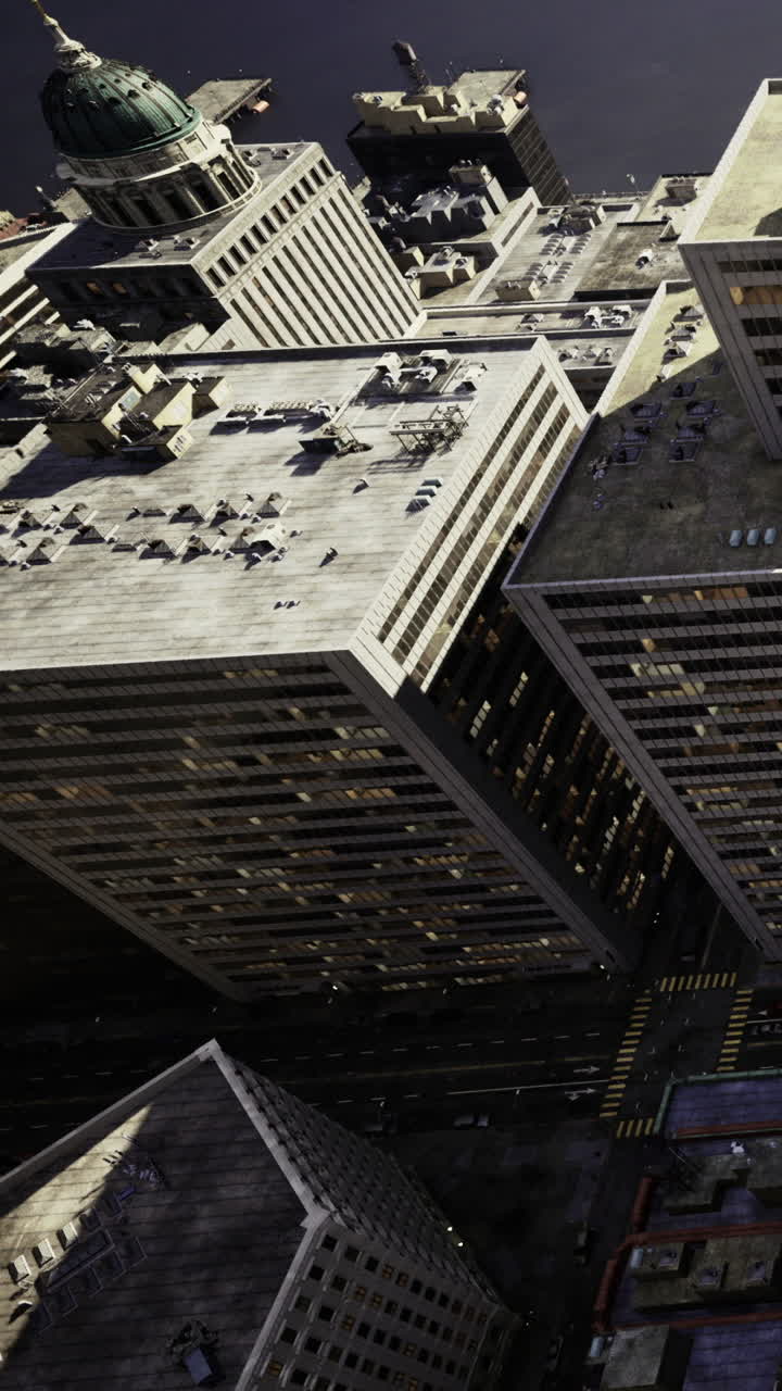 Edifici della città osservati dall'alto durante una giornata di sole a mezzogiorno.