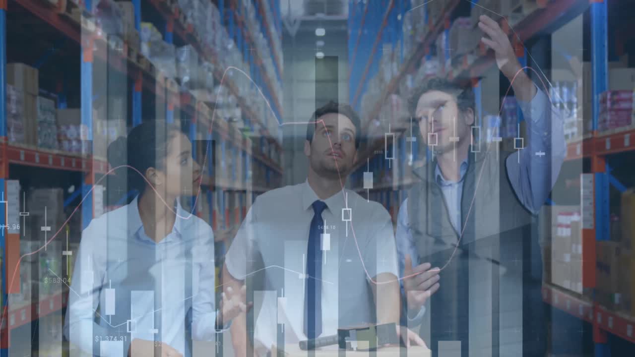 Animation of statistics and financial data processing over men and woman working in warehouse