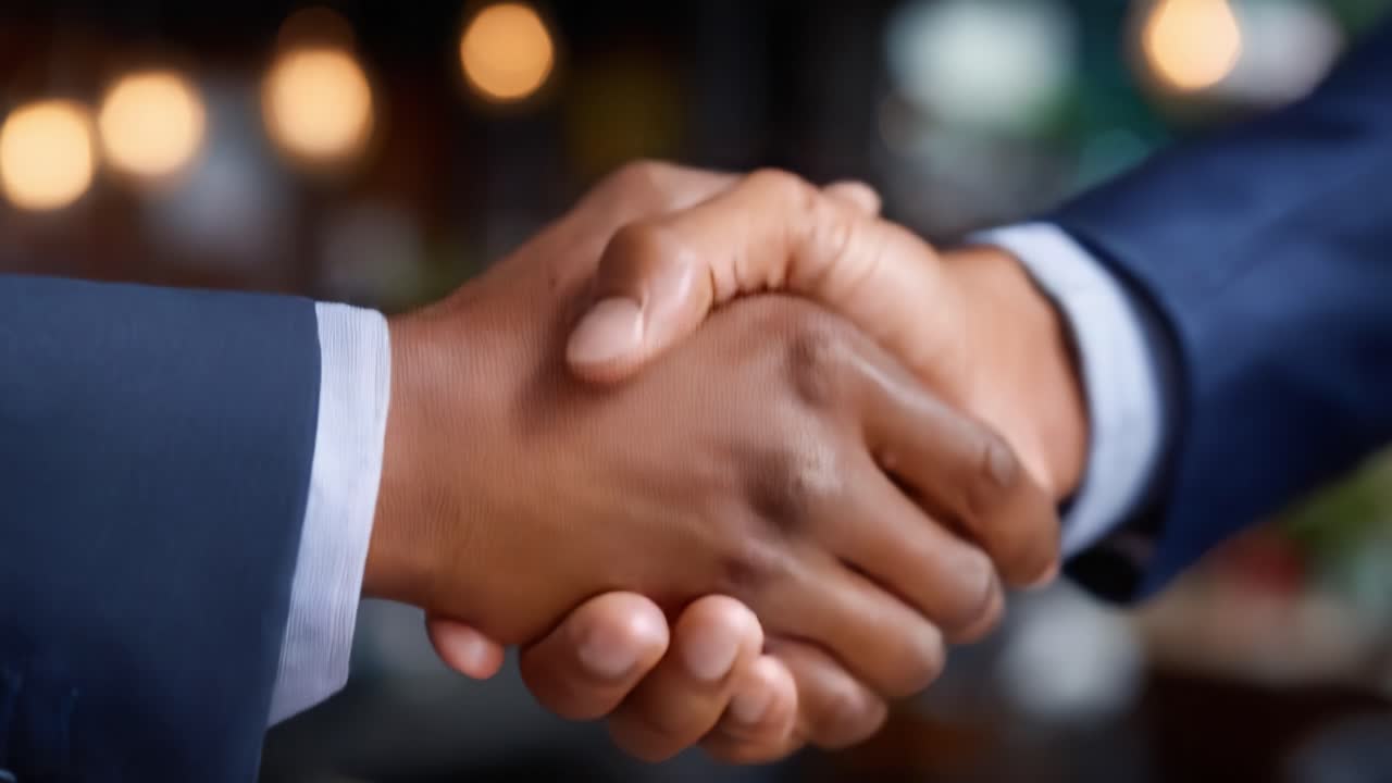 A Professional Handshake Symbolizing Partnership and Trust Between Two Individuals in a Modern Business Environment with Soft Bokeh Background Effects