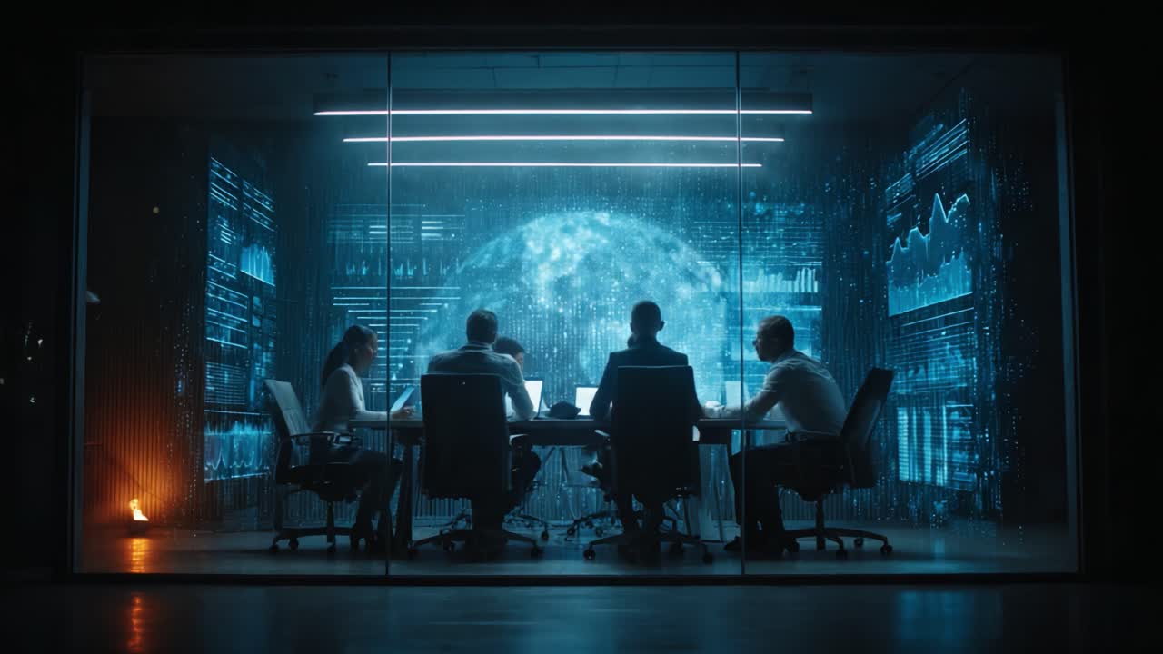 A Team Collaboration Session in a High-Tech Conference Room with Futuristic Data Visualizations and Global Insights, Illuminated by Dynamic Digital Graphics