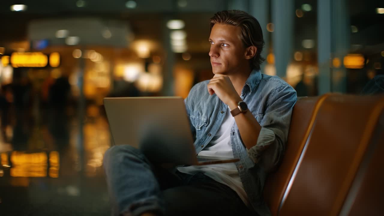 Giovane uomo assorto che usa il laptop nella sala d'attesa dell'aeroporto, intento a lavorare o immerso in riflessioni profonde, in un'atmosfera di viaggio con una tenue illuminazione ambientale