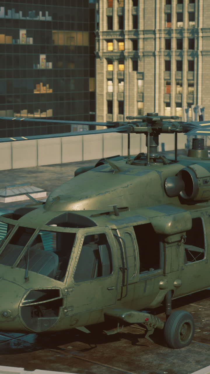 Military helicopter landing on urban rooftop during daylight hours