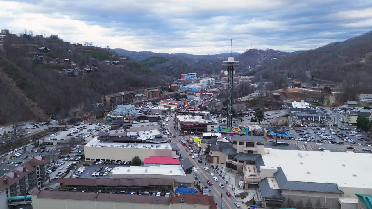 Aerial pull out from Gatlinburg, TN on New Years Eve 2024.