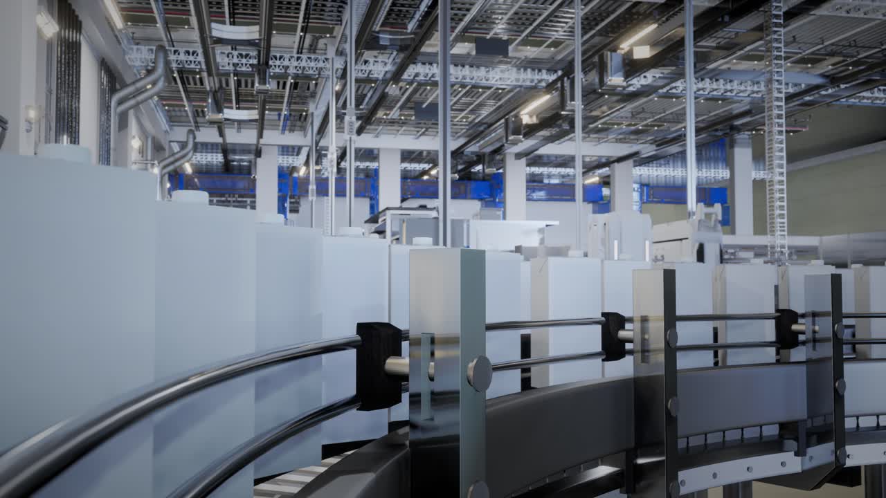 현대 공장에서 자동화 된 생산 컨베이어 라인: 생산 컨베어 라인에서 상자를 운반하는 것, 생산 컨베이어 라인에서 운반되는 상자 상자, 기계 메커니즘