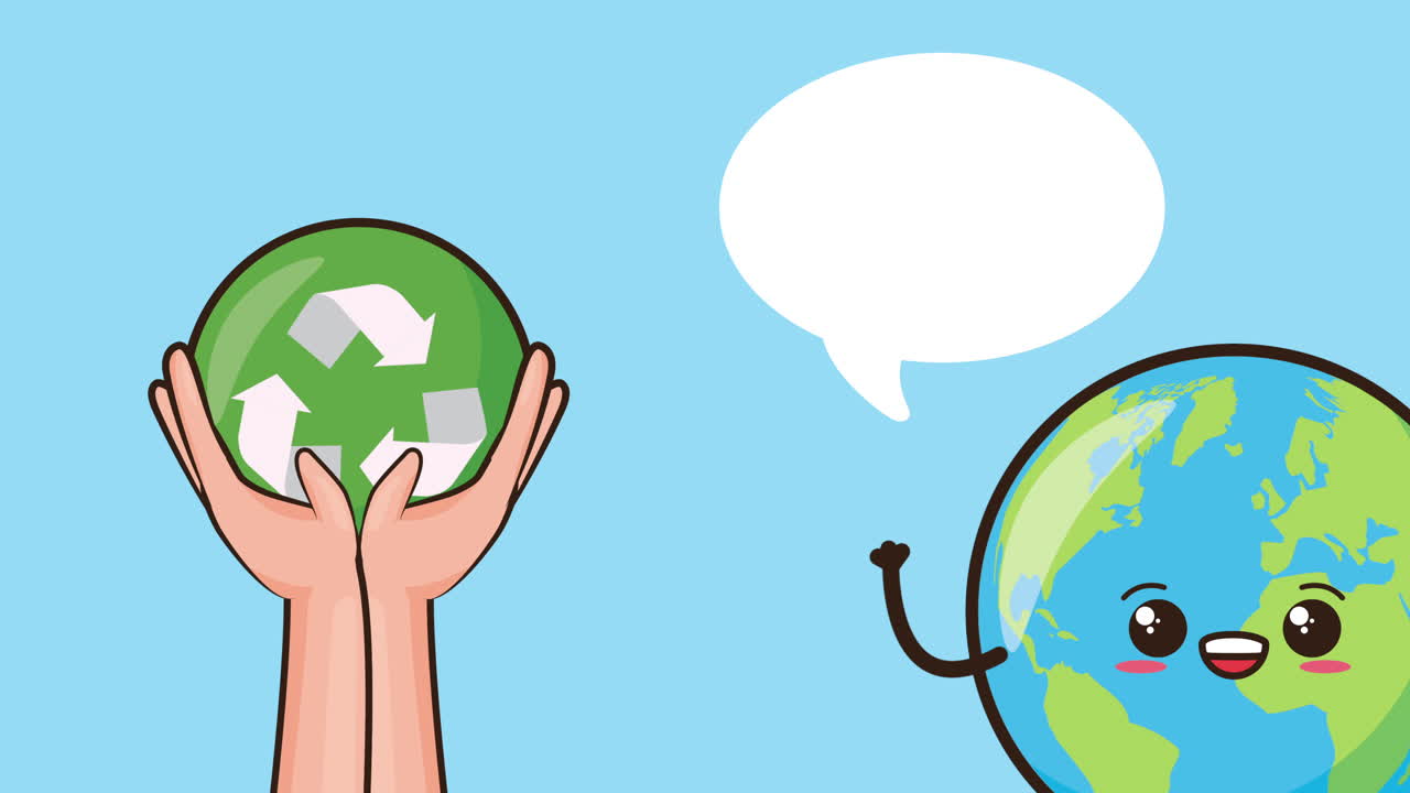 생태 친화적 인 환경 애니메이션과 지구 캐릭터 및 재활용 상징