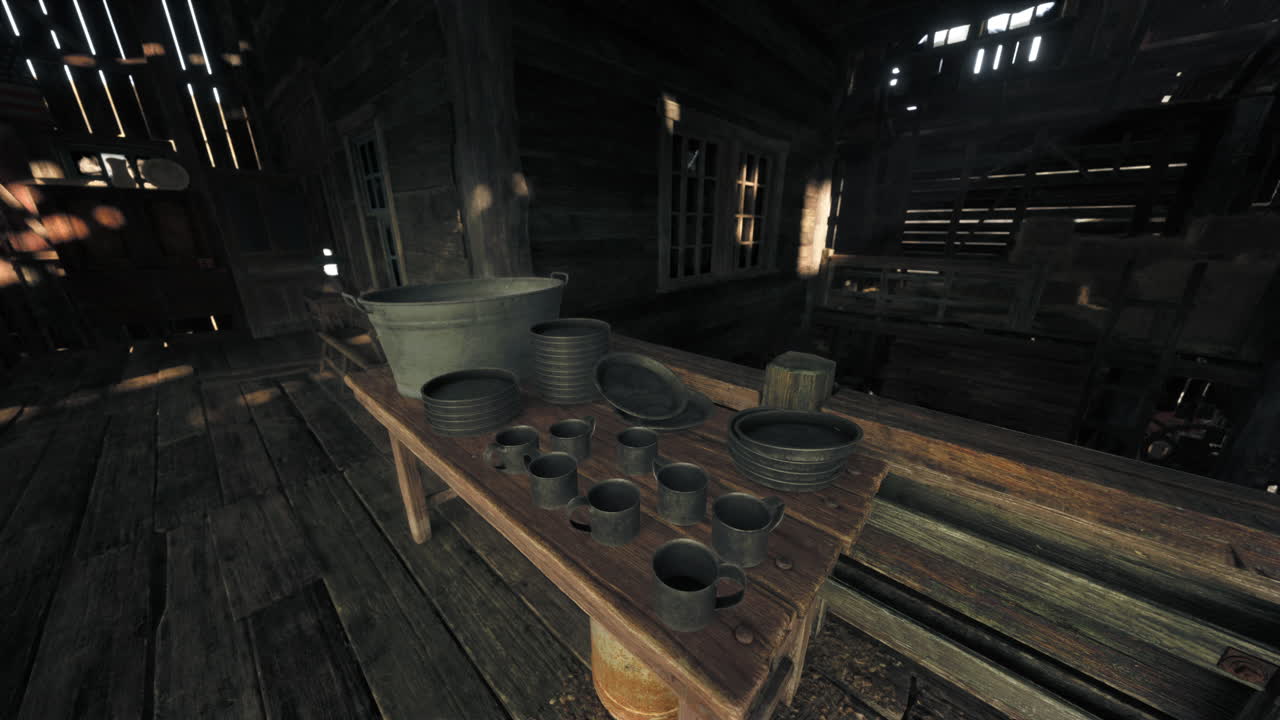 나무 테이블 위에 금속 컵과 접시를 가진 오래된 시골 인테리어