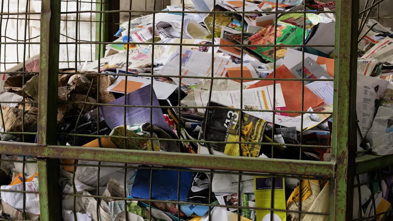 detalle de cerca de los residuos de papel en el contenedor de almacenamiento, listo para ser reciclado